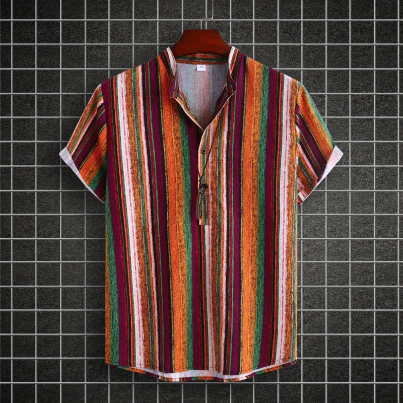 Men's Stand Collar Ethnic Style Striped Cotton-linen Shirt