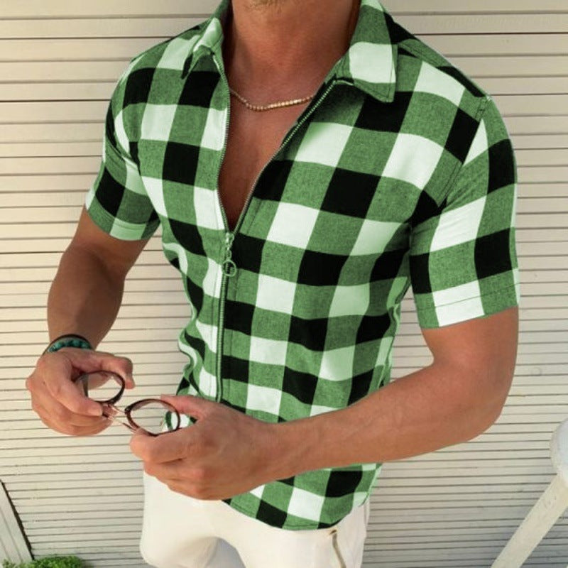 Plaid T Shirt Mens Zipper Summer