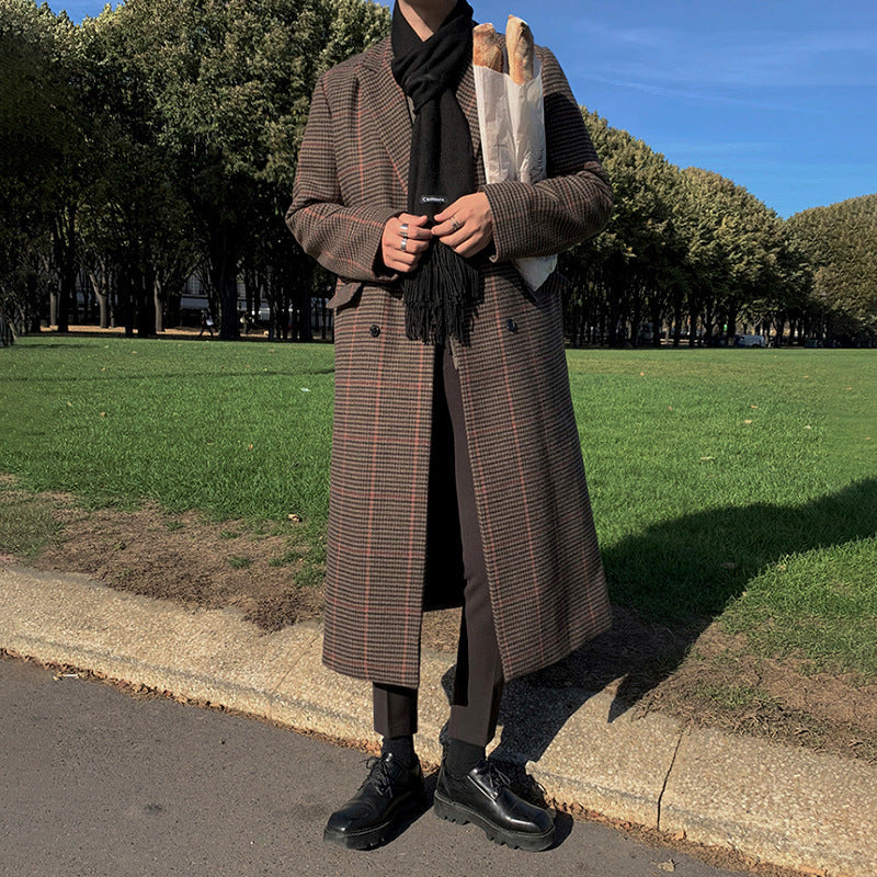 long Woolen Plaid trench Coat men