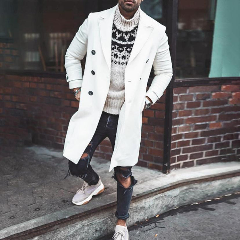 Lapel double-breasted white woolen trench coat