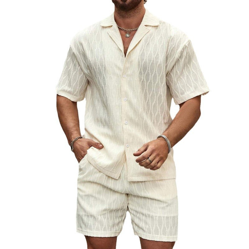 Men Summer Solid Loose Casual Two Pieces Lapel Button summer set