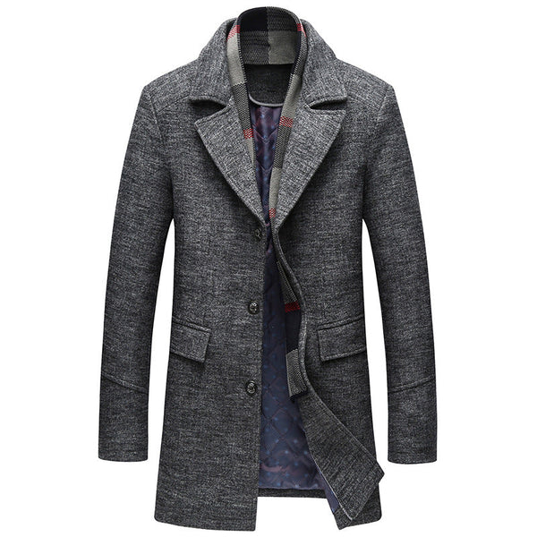 Men Casual Woolen trench Coat With Scarf
