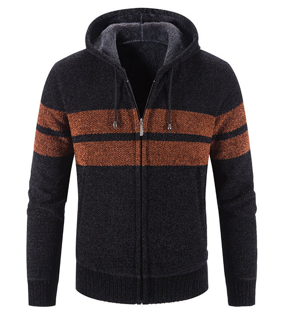 Hooded Striped Color-blocking Casual Plus Velvet Cardigan sweater