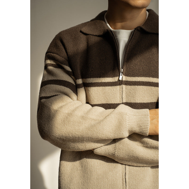 Young Contrast Color Striped Lapel Sweater Men