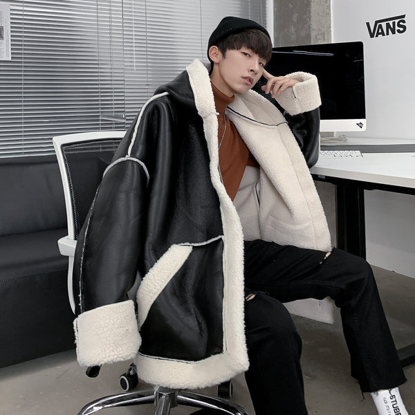 Hooded zipper fashion lambskin coat