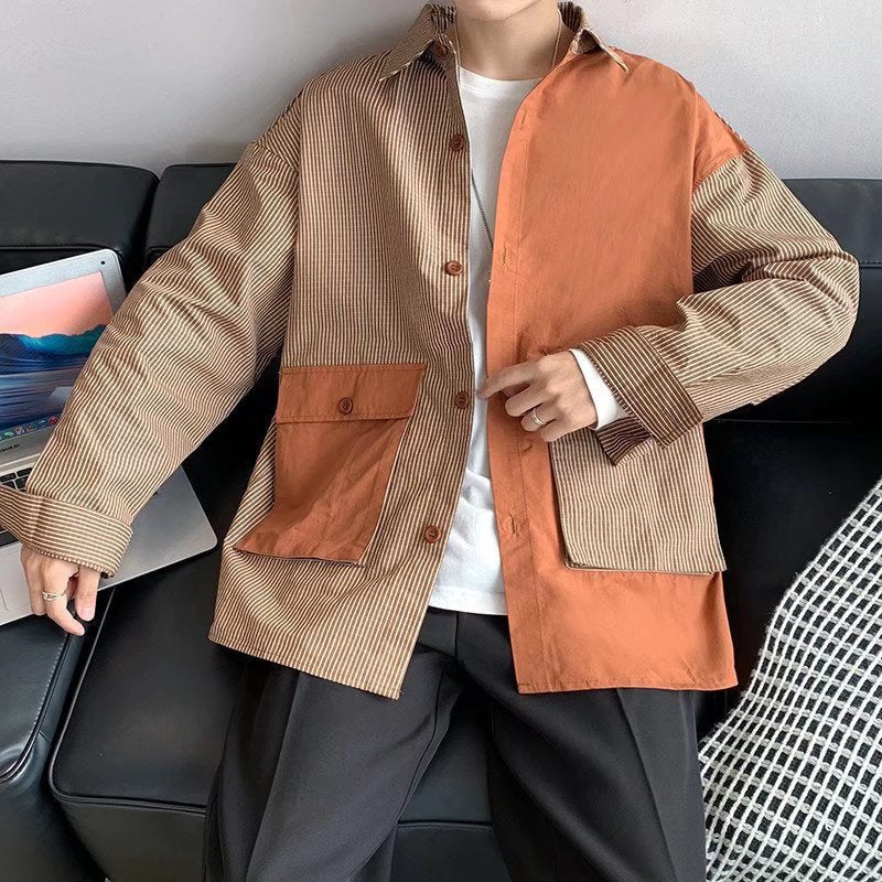 Patchwork Contrast Loose Long Sleeve Men's Shirt
