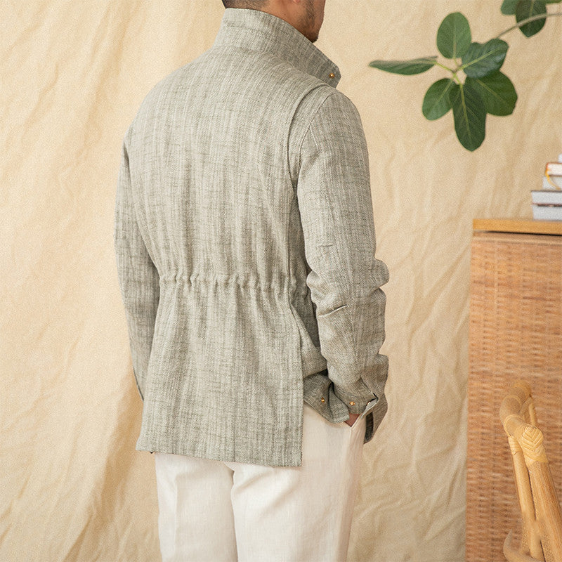Cotton And Linen Stand-up Collar Cinched Safari Jacket