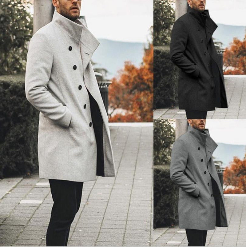 Men's mid-length stand-up collar woolen trench coat