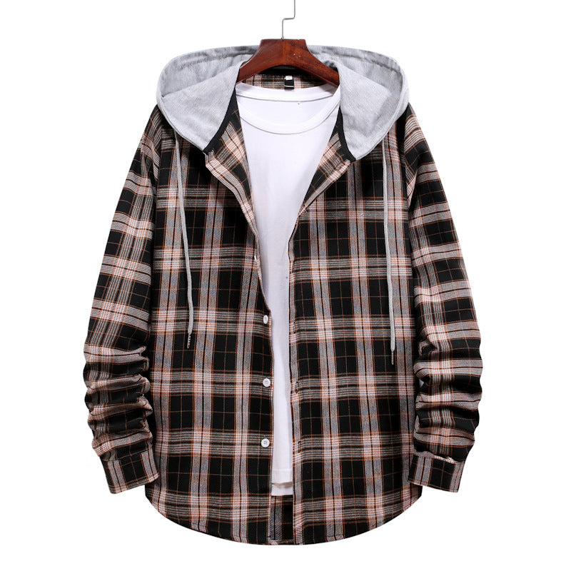 Men's Autumn Youth Casual Cardigan Plaid Hooded Jacket