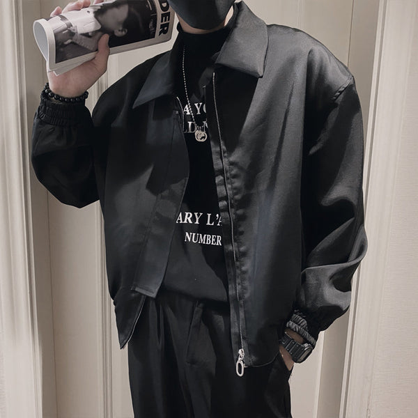 Men Black Spring Top Polyester Zipper Jacket