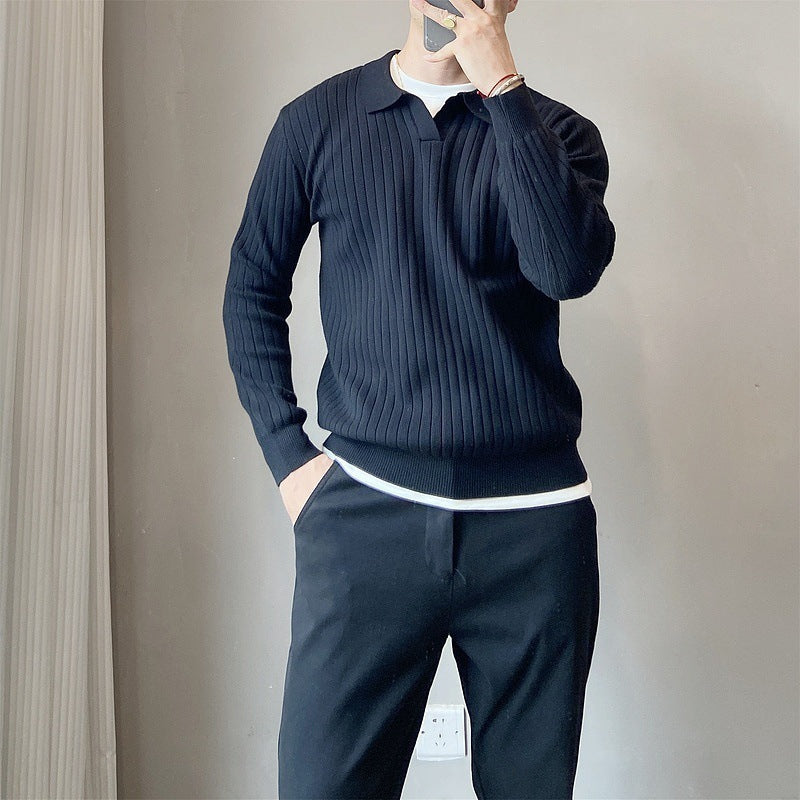 Lightly Mature Spring And Autumn Stripes Lapel Loose Elastic Knitted Sweater