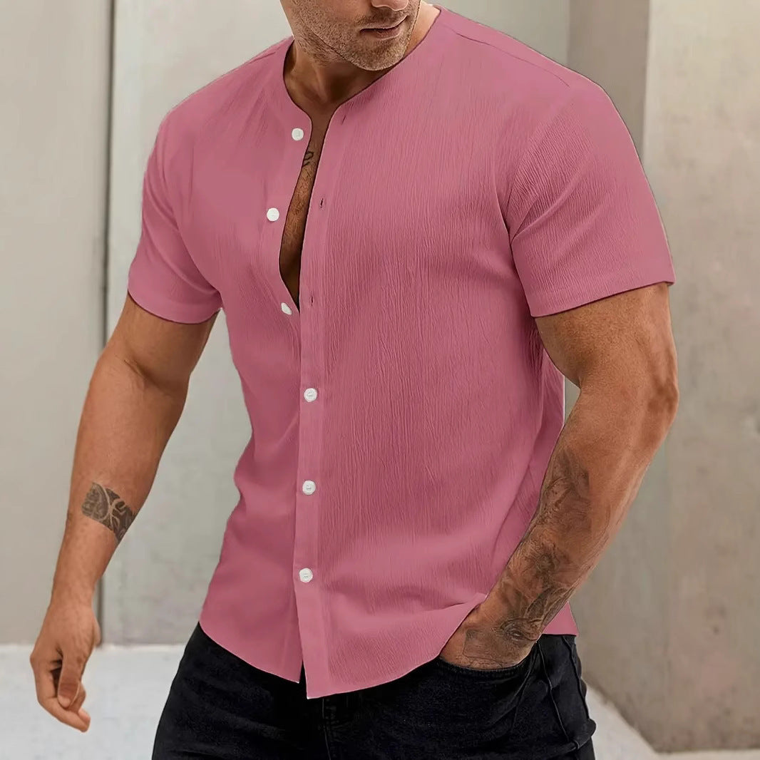 Cardigan Stand Collar Men's Short-sleeve Shirts