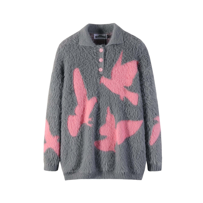 Pigeon Jacquard Furry Lapel Sweater