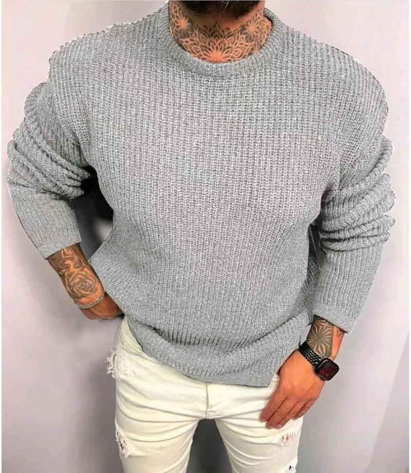Men's Solid Color Waffle Round Neck Pullover sweater