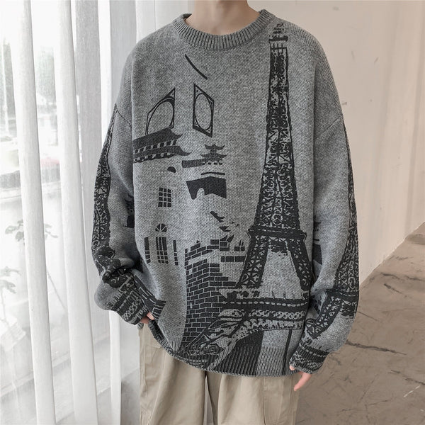 eiffel Tower Printed Men's Loose Large Round Neck Sweater