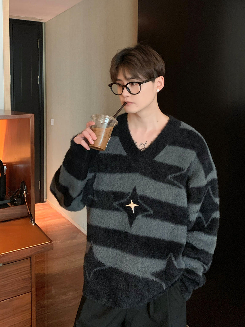 Striped Contrasting Color V-neck Sweater Men Loose Casual Style