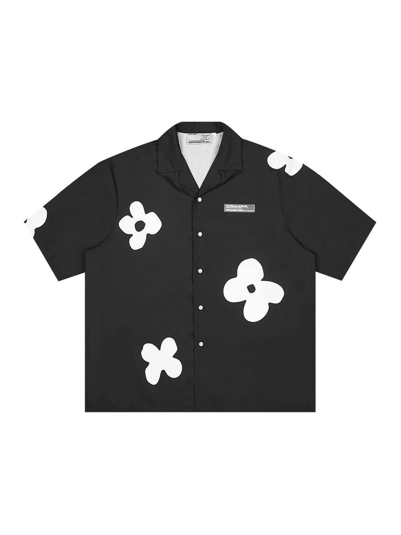 Hand Drawn Silhouette Floral Vintage Cuban Collar Short Sleeve shirt