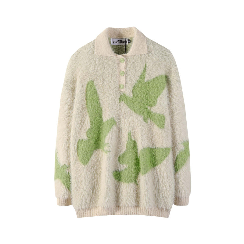 Pigeon Jacquard Furry Lapel Sweater