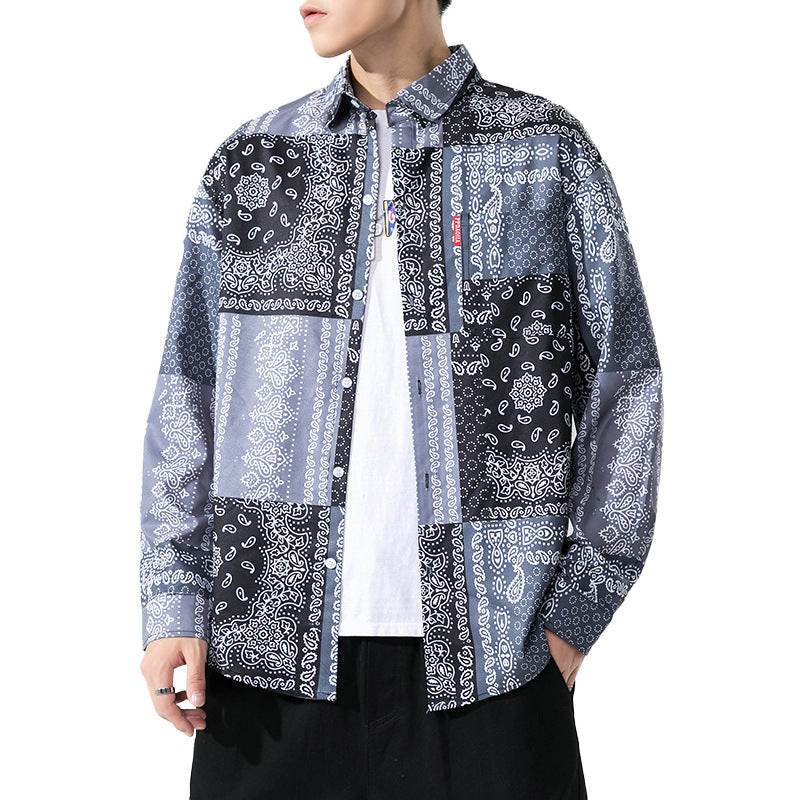 Japanese ethnic style large asymmetric cashew flower shirt