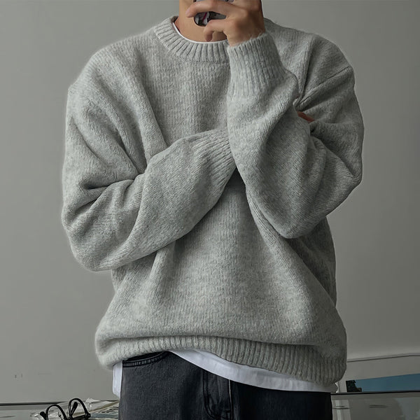 Solid Color Drop-shoulder Round Neck Sweater Men