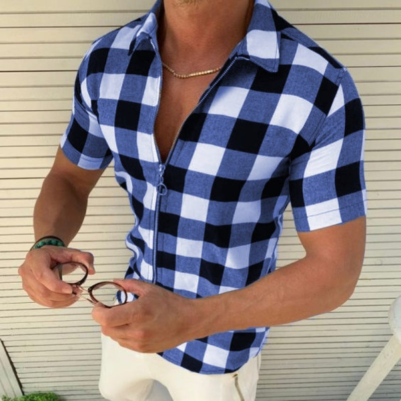 Plaid T Shirt Mens Zipper Summer