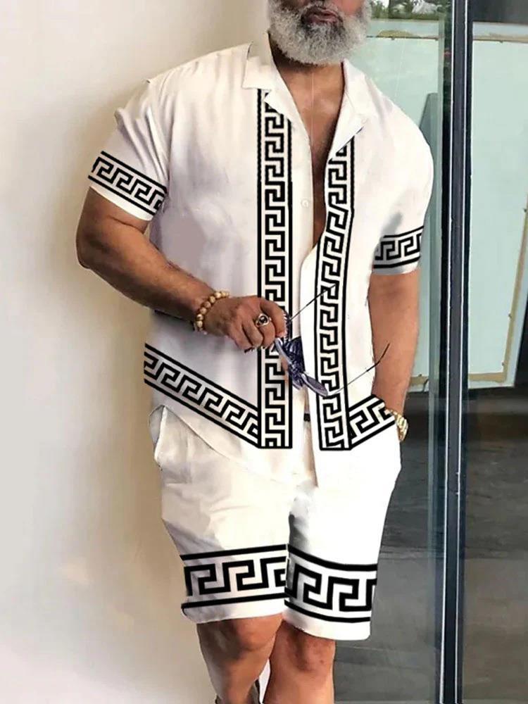 Men's Polo Collar 3D Printed Casual Slim Fit Shirt Shorts Suit