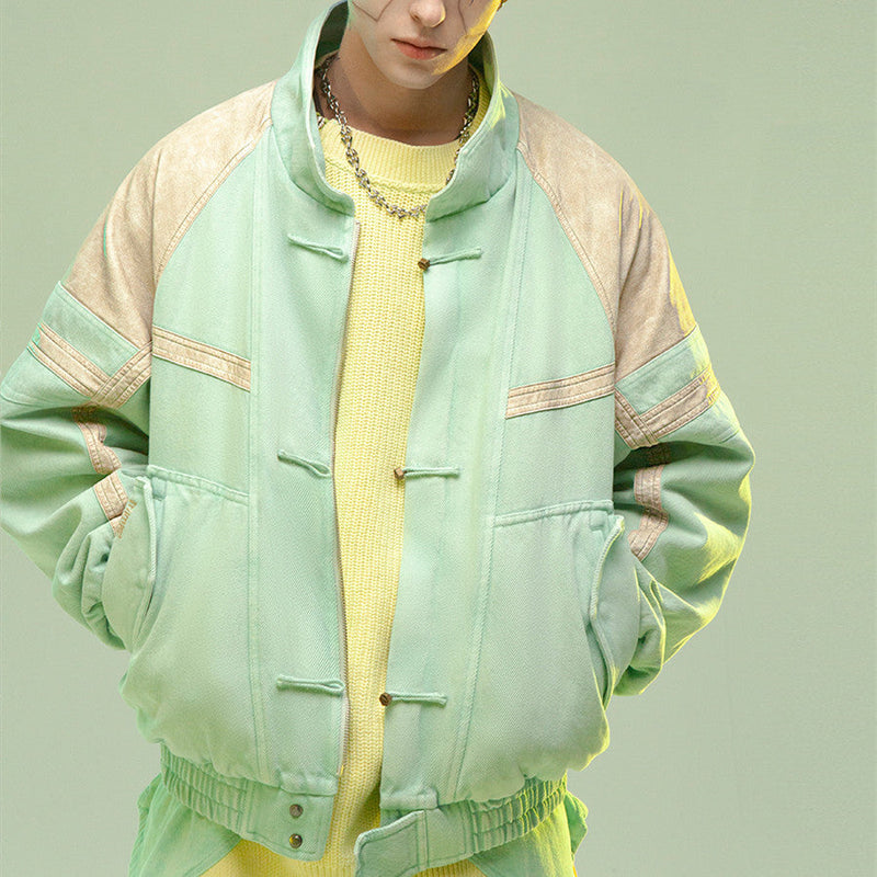 Leather Patchwork Washed Thickened Short Jacket