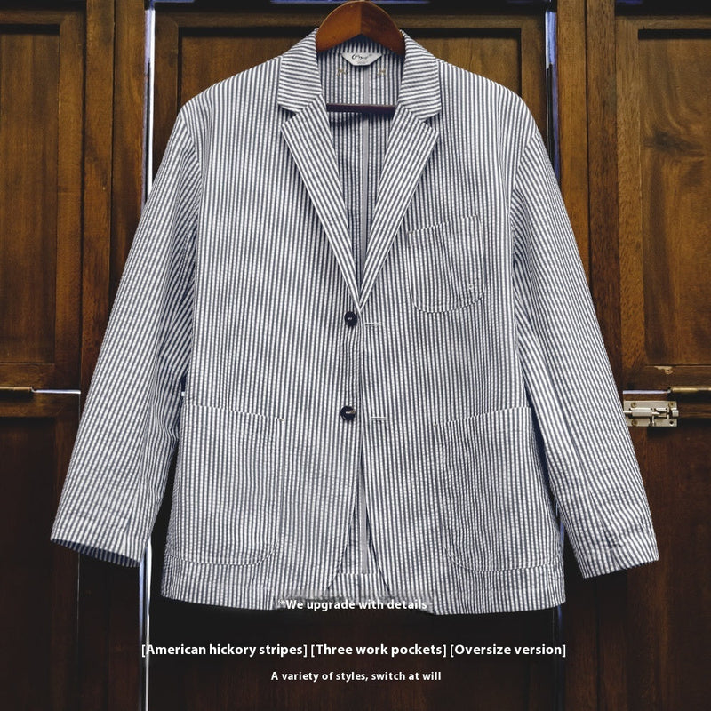 Seersucker Striped Flat Collar Blazer