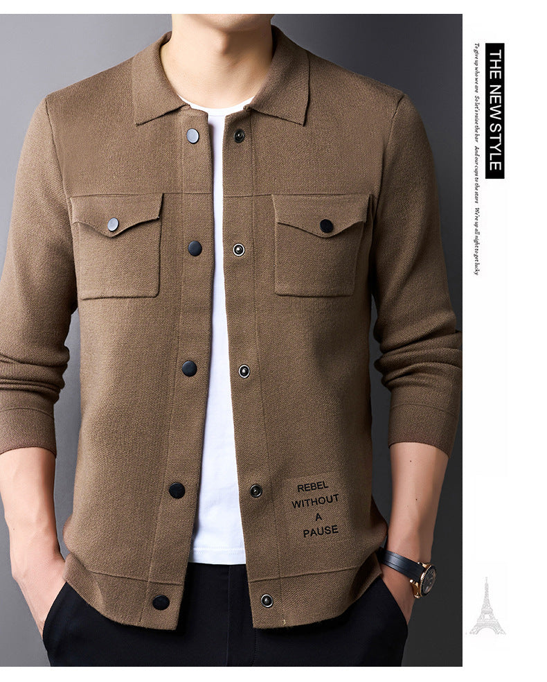 Autumn Men's Knitted Cardigan Real Pocket Sweater