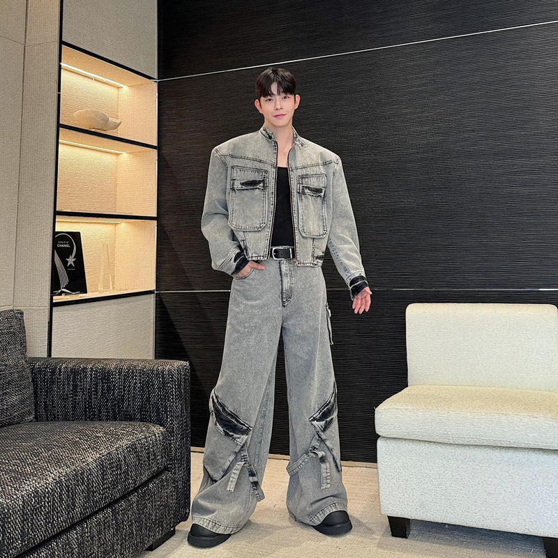Retro Washed Old Cowboy Special Jacket Wide Leg Pants Suit