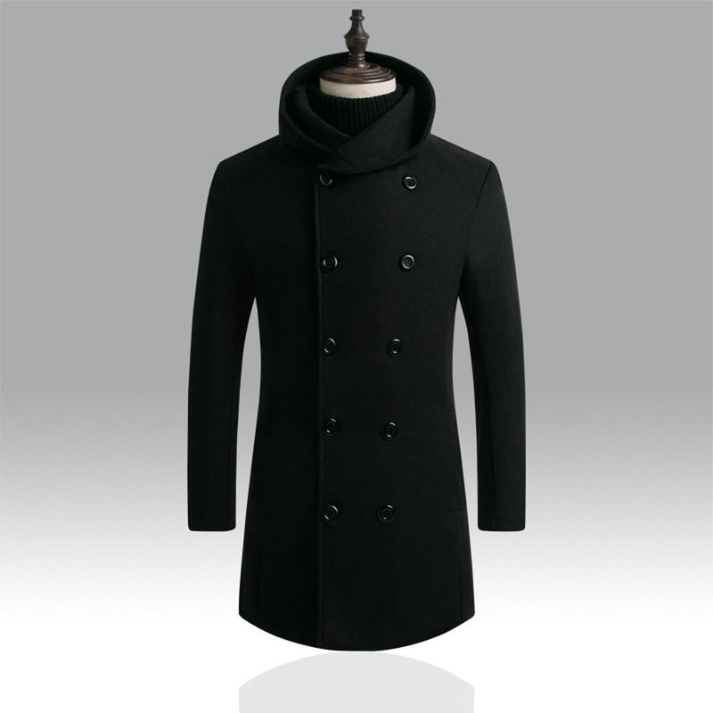 Men's Mid-Length Woolen Padded Hooded Trench Coat
