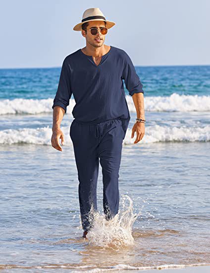 Men's Casual Solid Color Elastic Cotton Linen Two-Piece Suit
