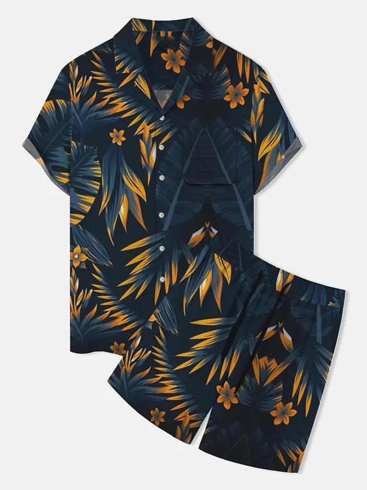 Men's Polo Collar 3D Printed Casual Slim Fit Shirt Shorts Suit