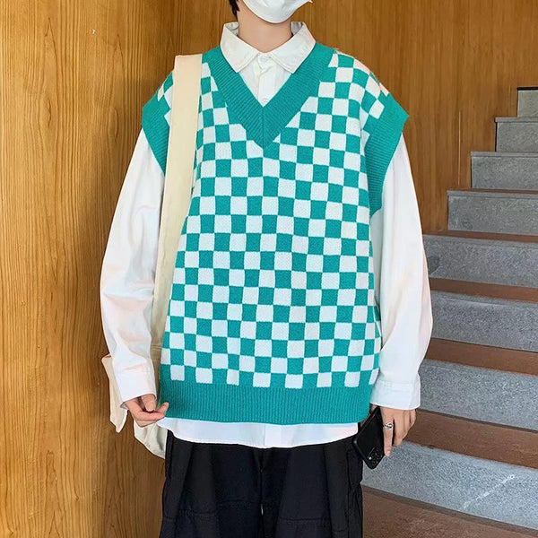 V-Neck Couple Vest Chessboard Knit Coat