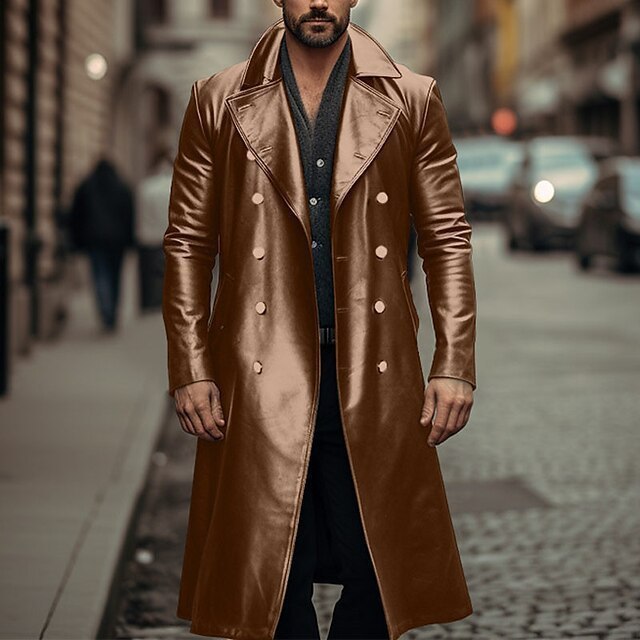 Double-breasted Leather Long Trench Coat