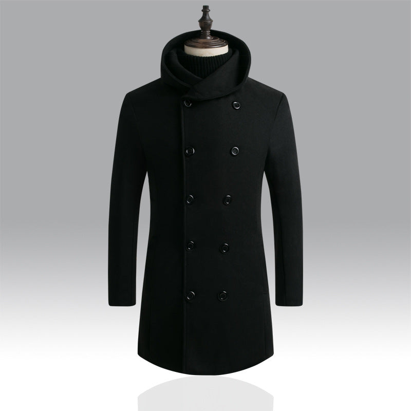 Men's Mid-Length Woolen Padded Hooded Trench Coat