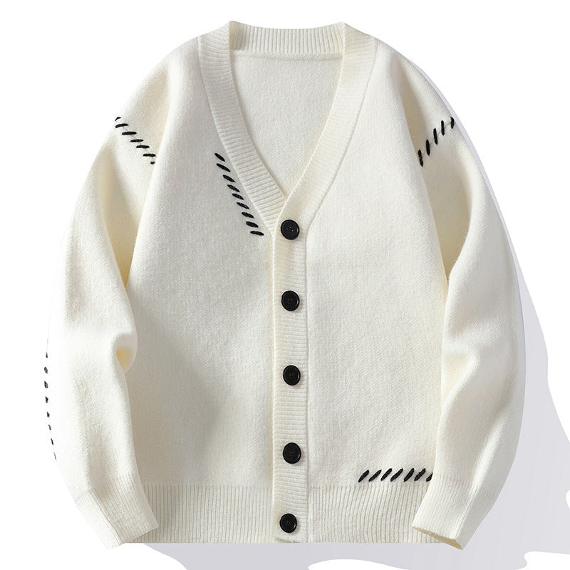 Heavy Men's Knitted Cardigan Coat Autumn And Winter V-neck Cotton sweater
