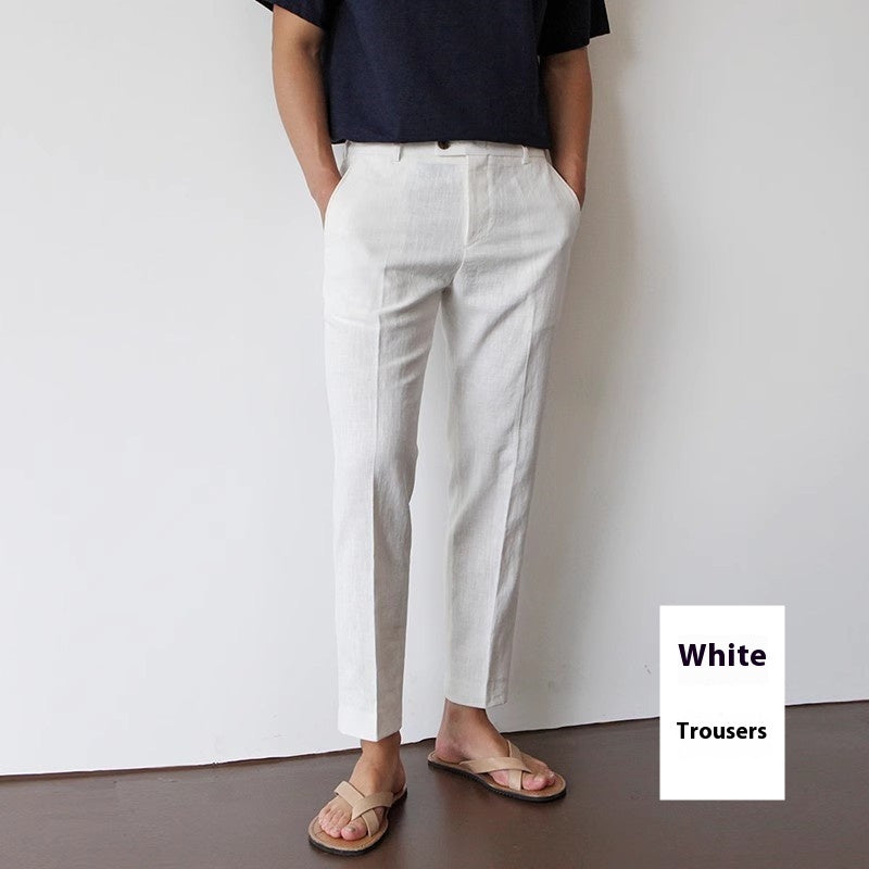 White Cotton Linen Fabric Men's Casual Breathable Pants