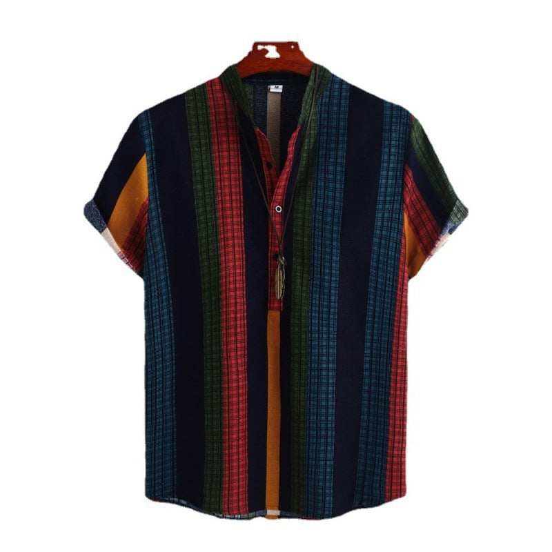 Men's Stand Collar Ethnic Style Striped Cotton-linen Shirt