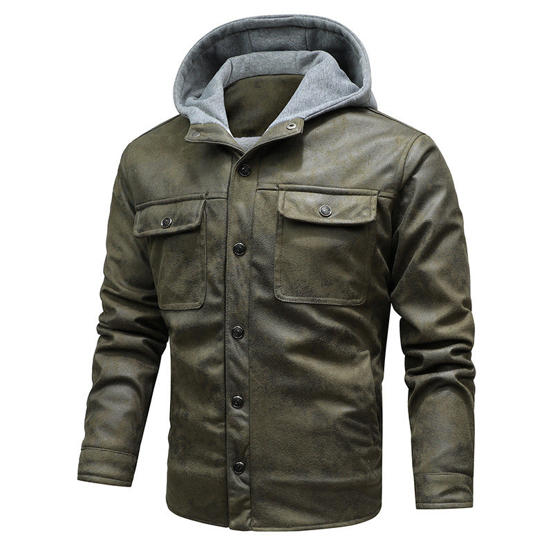 Men's Casual Leather Jacket With Hood And Cashmere