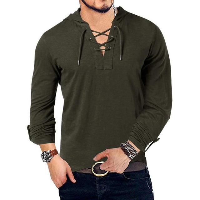 Men's Hooded Tee Long Sleeve Cotton Henley