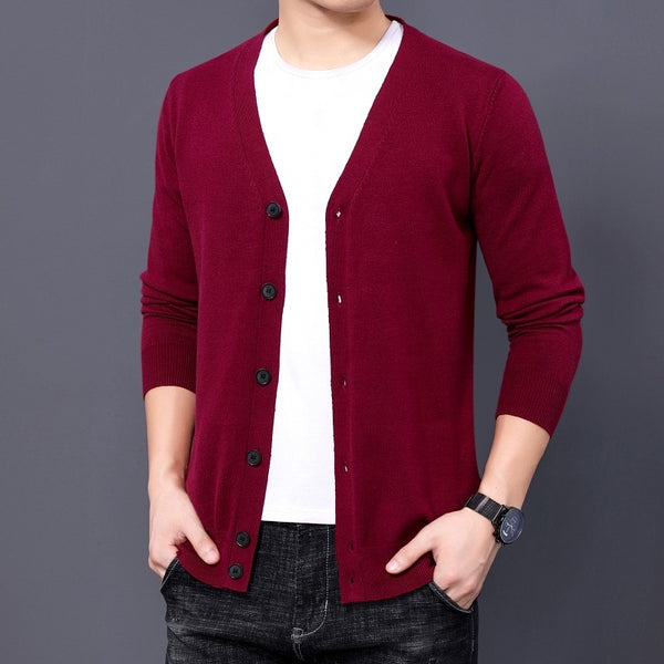Men's Knitted Cardigan Solid Color And V-neck Sweater Coat For Men