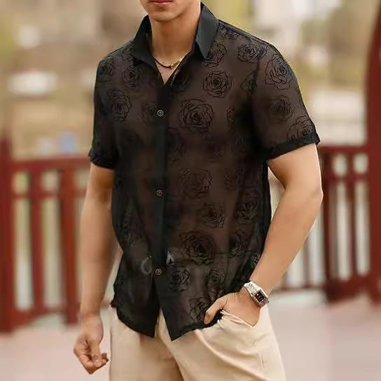 Men's Rose Flower Mesh See-through Button Short Sleeve shirt
