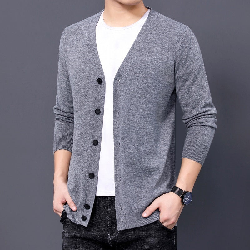 Men's Knitted Cardigan Solid Color And V-neck Sweater Coat For Men