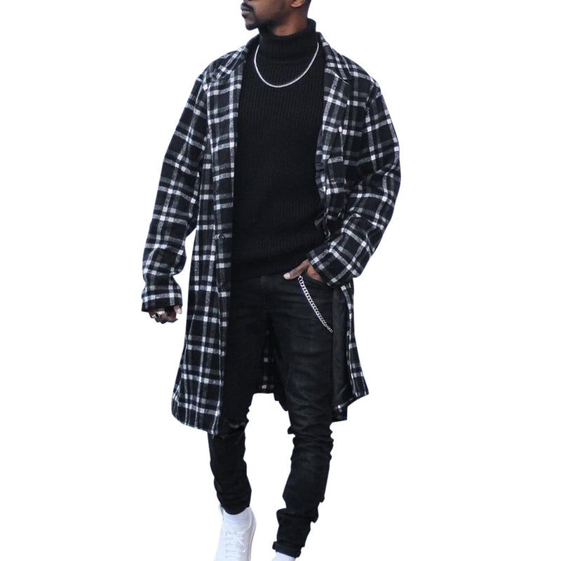 Men's mid-length plaid overcoat