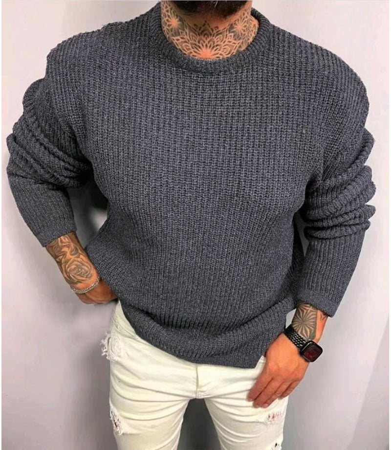Men's Solid Color Waffle Round Neck Pullover sweater