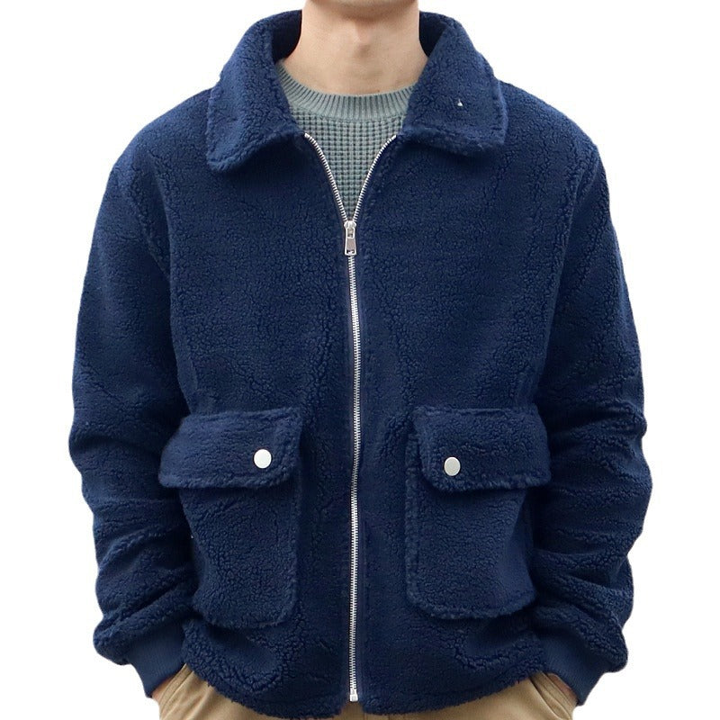 Men's Solid Color Double Pocket Lamb Wool Jacket