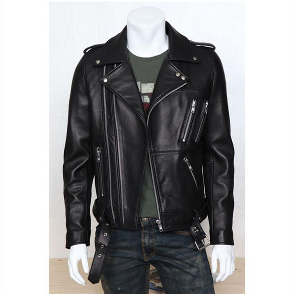 Multi-Zip Lapel Wash Leather Jacket
