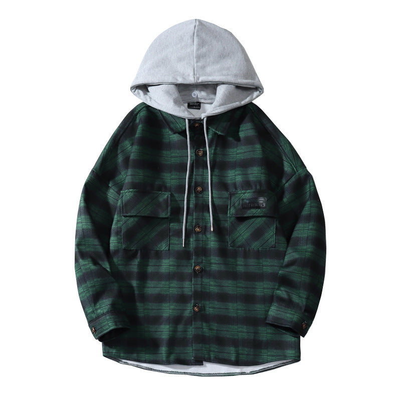 Hooded Plaid Shirt Men's Loose Casual Jacket