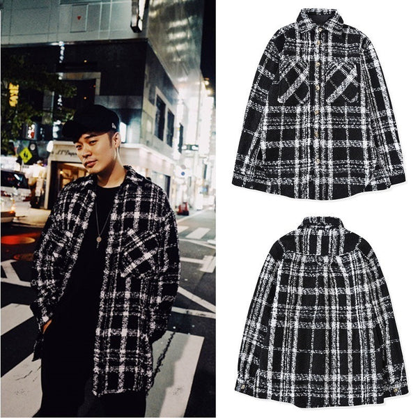 Wool black and white plaid men and women couple knit shirt jacket